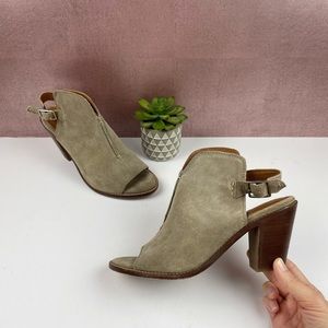 Frye Gray Suede Leather Chunky Heels Peep Toe Shoes Women Size 8.5